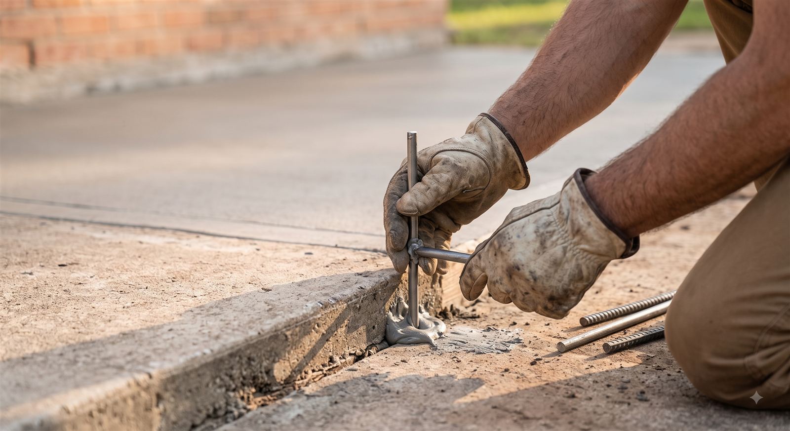 Close-up of steel dowel rods being installed to connect the existing concrete foundation to the new addition's foundation (illustrative photo, not an actual job site)