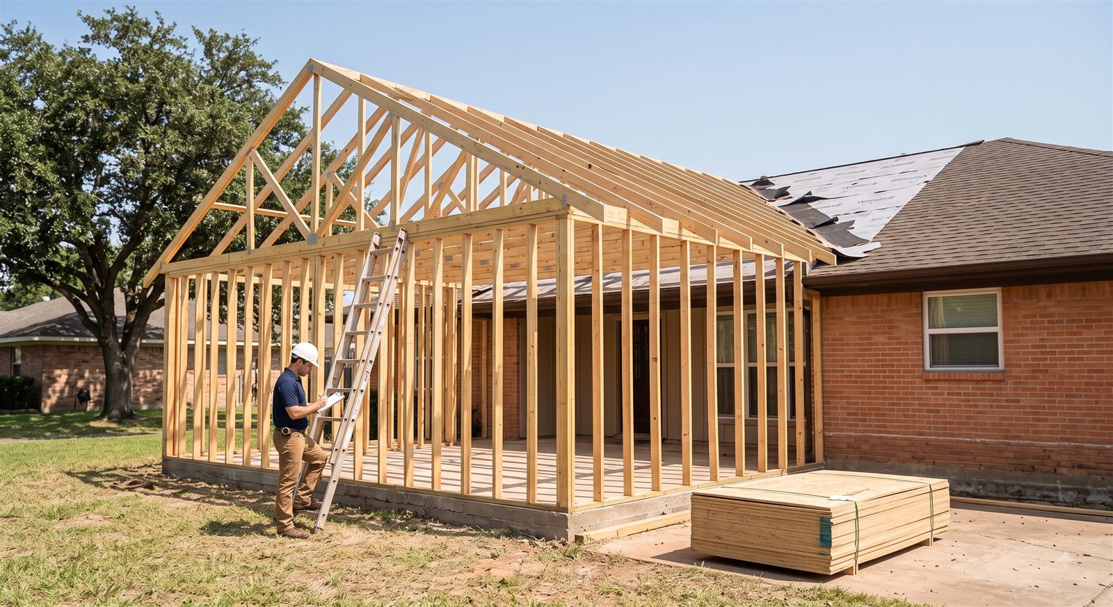 New wood roof trusses and wall framing for a room addition tied into the roofline of an existing brick Houston home (illustrative photo, not an actual job site)