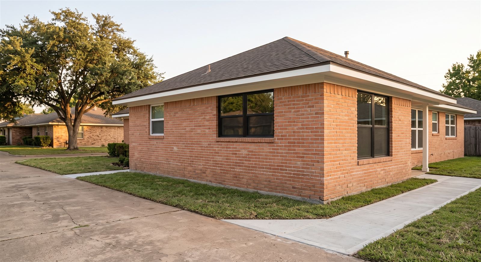 Finished exterior of a Houston home addition with brick veneer matched to the original house (illustrative photo, not an actual job site)