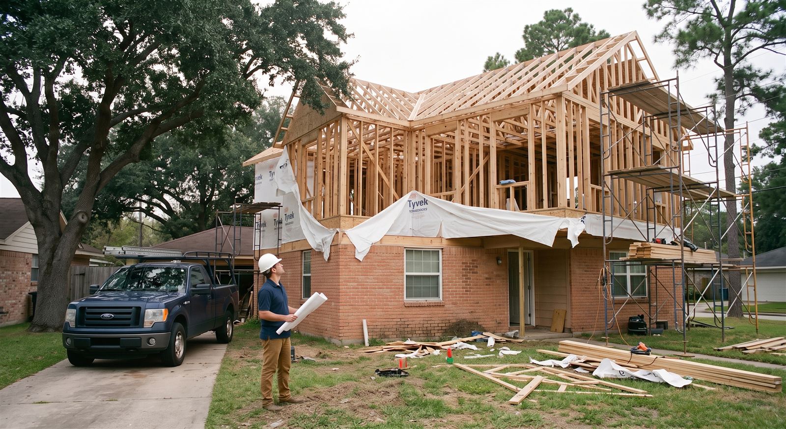 The new second story framed in, tied into the original roofline. (illustrative photo, not an actual job site)