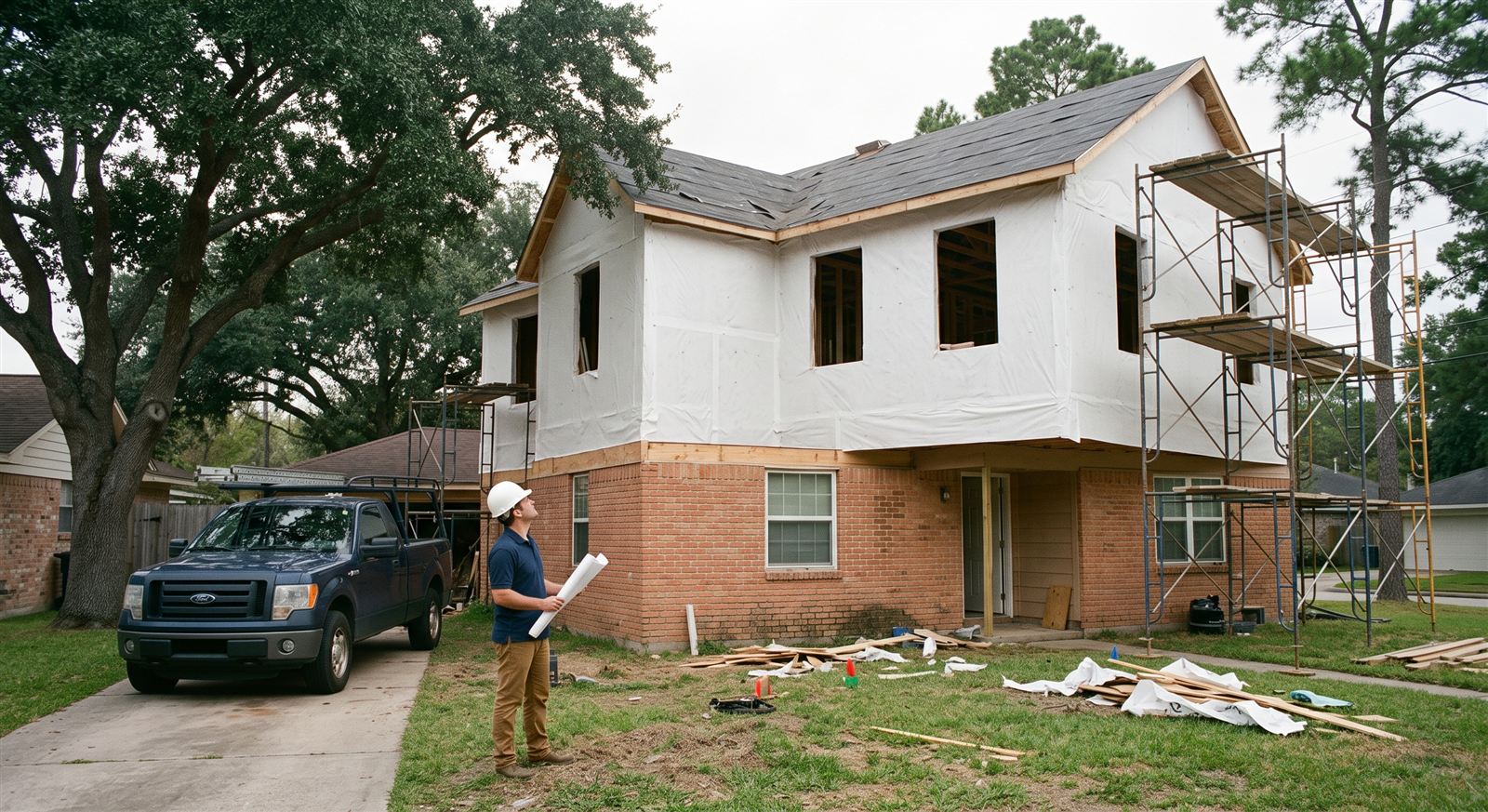Wrapped and roughed in, ready for windows and roofing. (illustrative photo, not an actual job site)