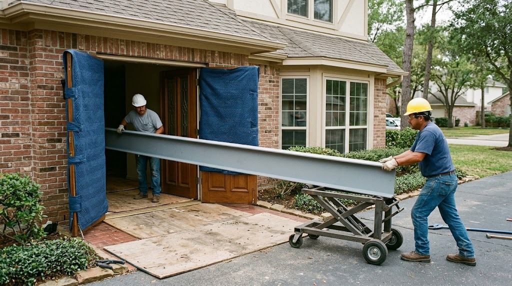 Two workers guiding a long steel wide-flange beam on a rolling lift through the front doorway of a Houston home, blankets protecting the door frame and the floor covered with plywood (illustrative photo, not an actual job site)