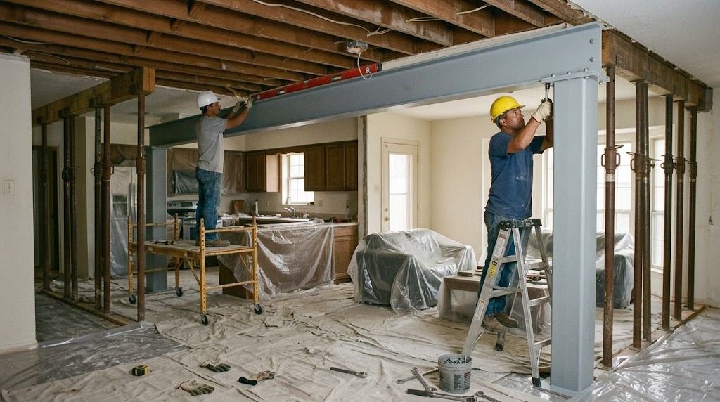 Crew setting a steel beam onto a square tube column between two rows of adjustable shoring posts in a Houston home, one worker checking the beam with a level while another tightens the bearing plate bolts (illustrative photo, not an actual job site)