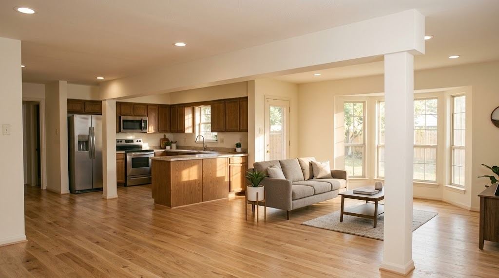Finished living space in a Houston home with a wide opening between the kitchen and dining area, a shallow drywall-wrapped dropped beam across the span and a slim wrapped column at one end (illustrative photo, not an actual job site)