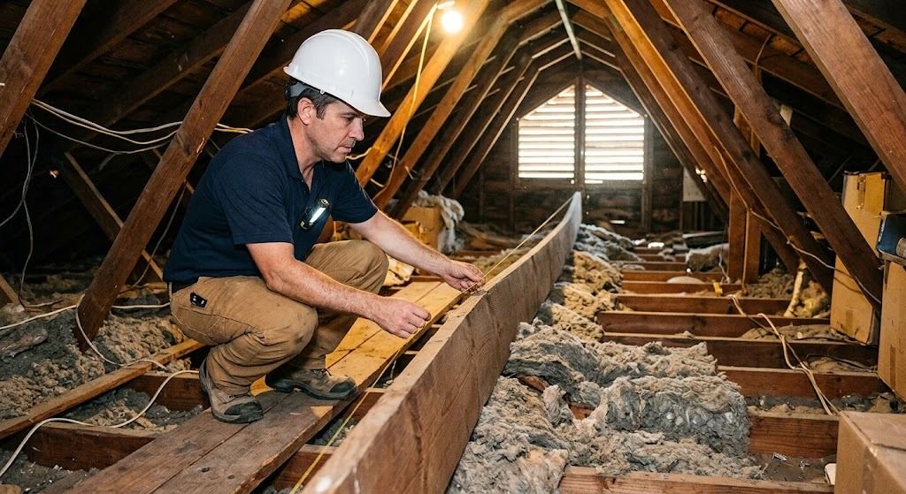 Engineer in a Houston attic holding a string line along the top of a wood beam that has sagged over the years, with the ceiling joists dipping with it (illustrative photo, not an actual job site)