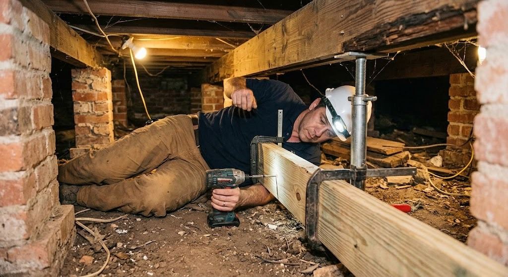 Engineer in the crawlspace of a pier-and-beam Houston home fastening a new pressure-treated joist alongside a rot-damaged one, with a jack post holding the beam above (illustrative photo, not an actual job site)