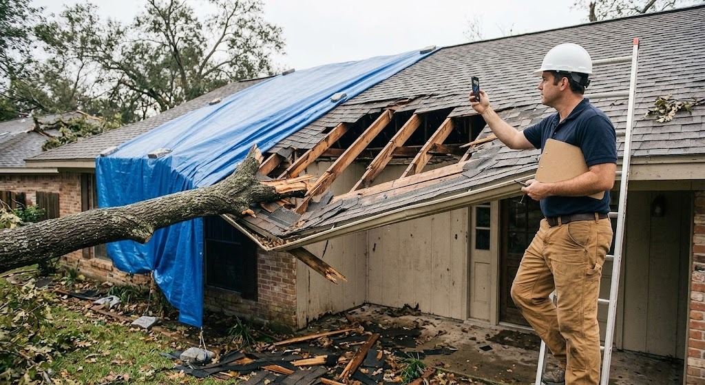 Engineer on an extension ladder photographing rafters cracked by a fallen oak limb through the roof of a Houston home, a blue tarp over the damaged section (illustrative photo, not an actual job site)