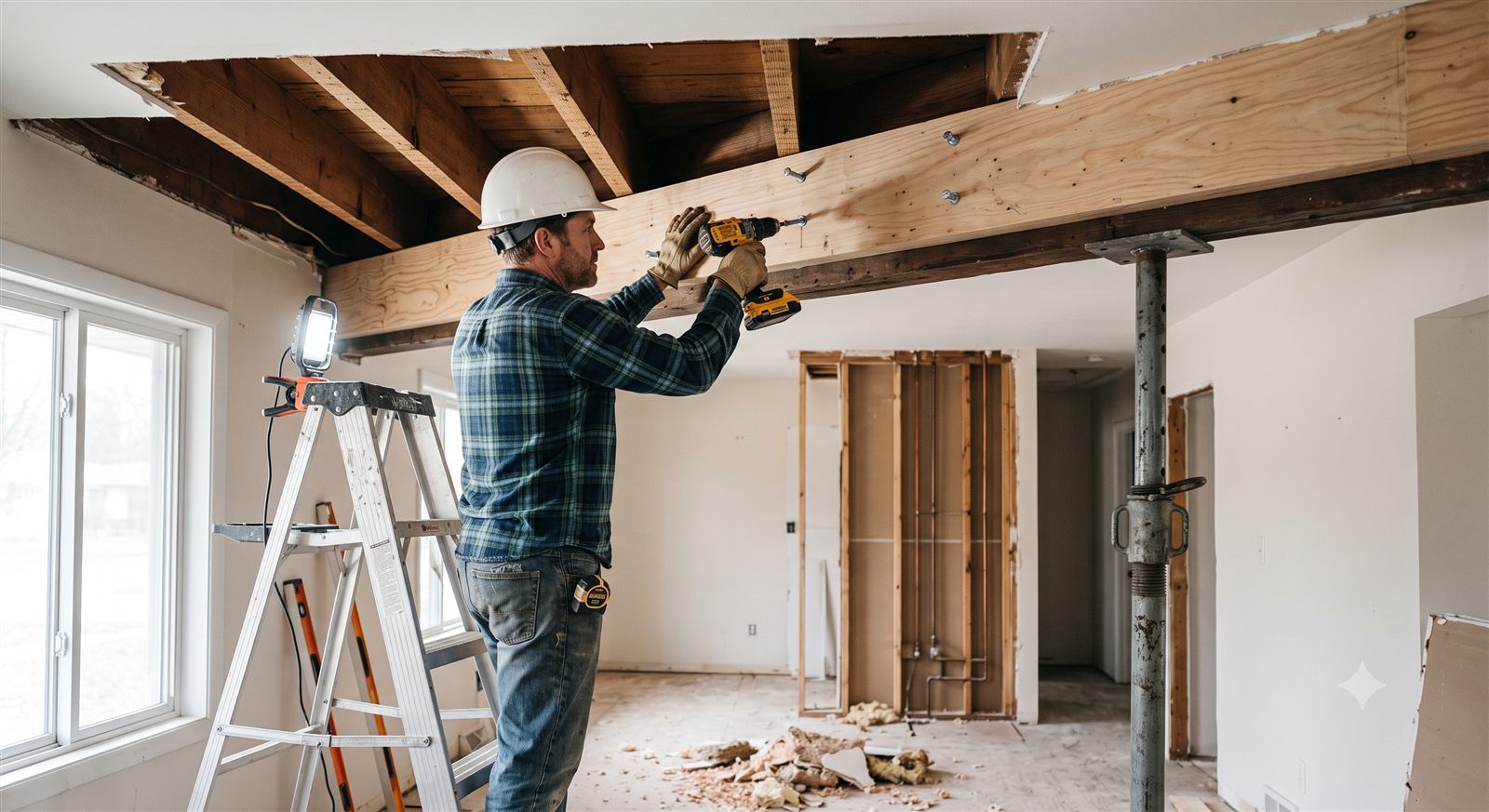 Contractor reinforcing a sagging ceiling beam with temporary shoring during a structural repair in Houston (illustrative photo, not an actual job site)